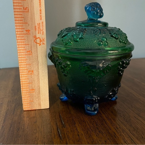 MCM Jeanette Blue Green Footed Covered Candy Bowl Grapes Motif - Picture 10 of 12